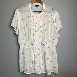 Torrid White Hummingbird Print Ruffle Front Fairy Cottagecore Button‎ Up Top 2X